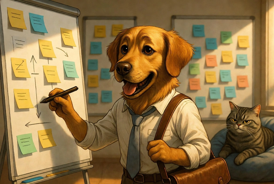 Digby the dogsbody brainstorming at a whiteboard