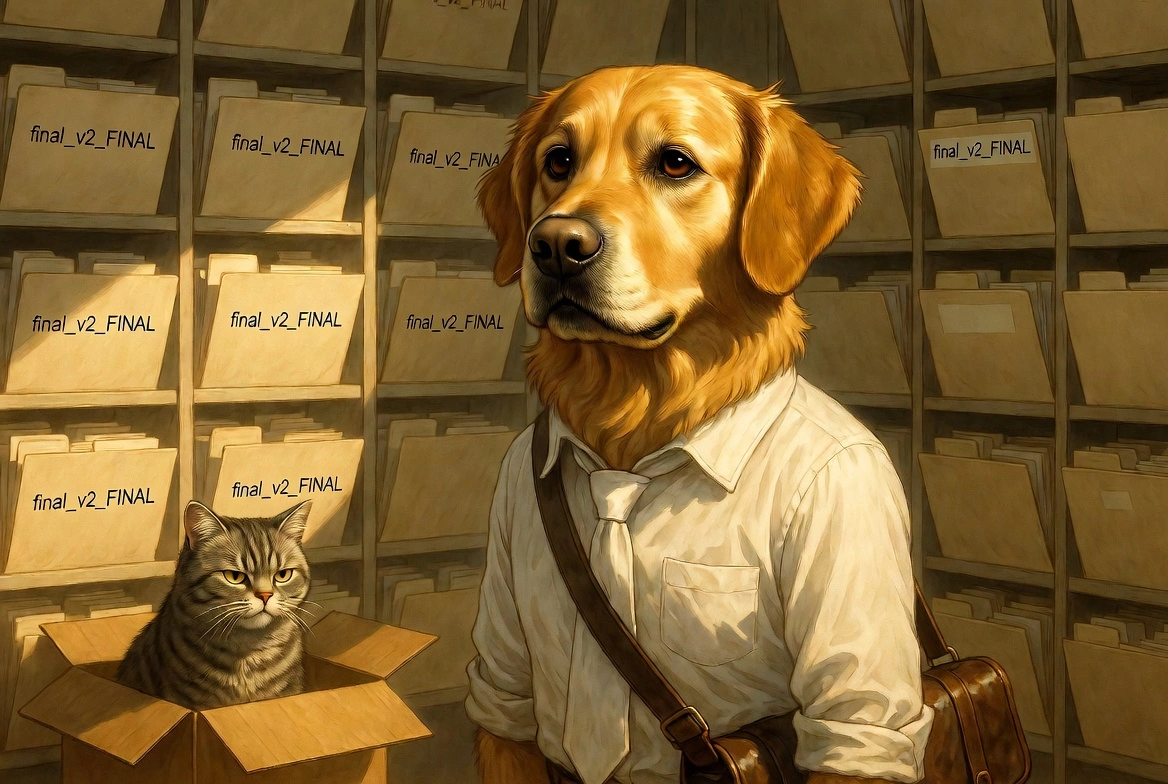 Digby the dogsbody surrounded by tidy files